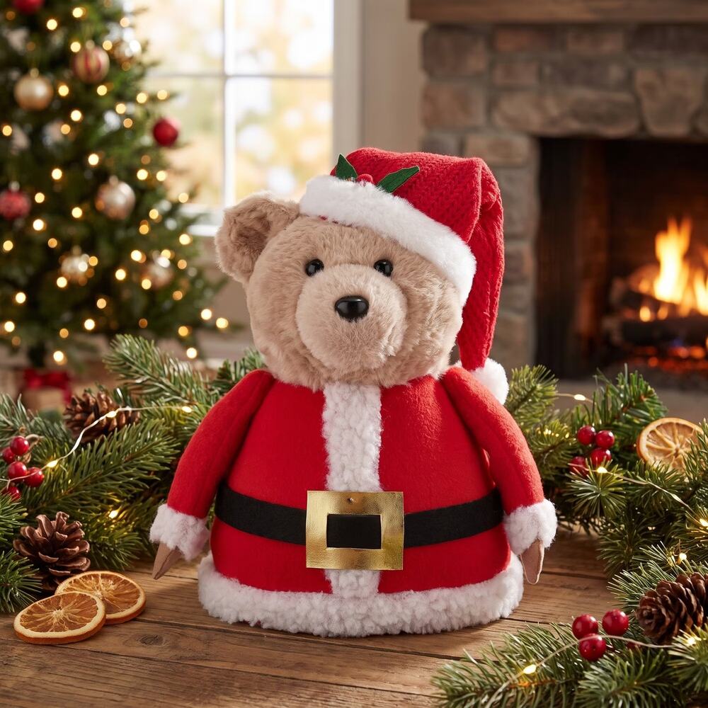 Santa Claus Teddy Bear Christmas Tree Topper Red Brown 10.5" Holiday Decor Cute